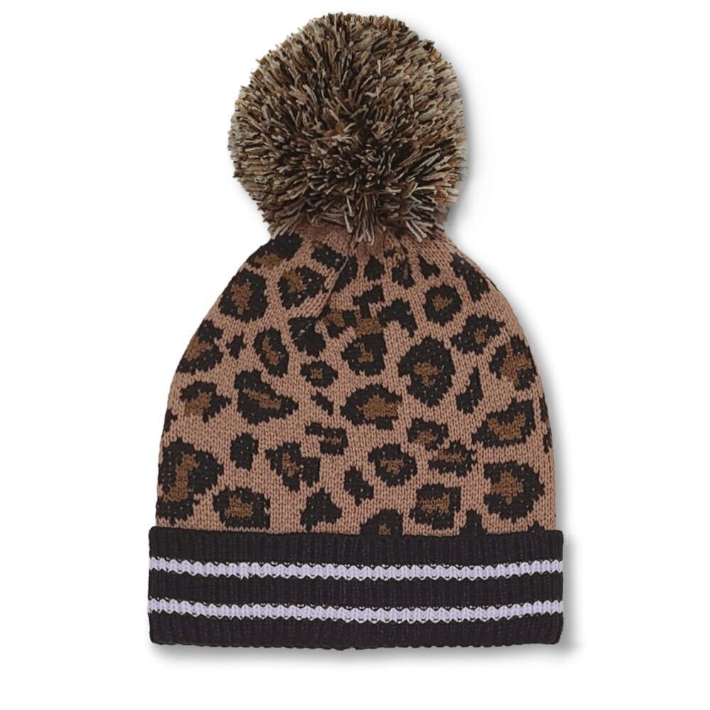 New! Steve Madden Women's Leopard Print Cuffed Pompom Beanie Knit Winter Hat